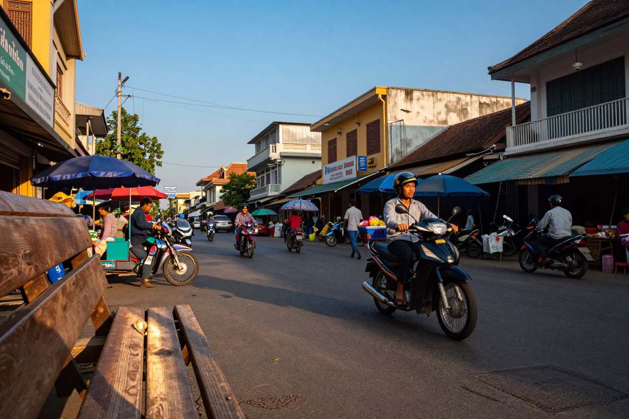 Colorful Late Afternoon Street Scene in Phnom Penh Cambodia with Local Vendors and Traffic in in Phnom Penh, Cambodia