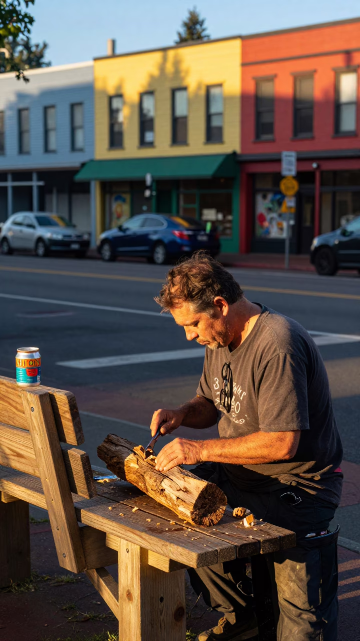 Colorful Late Afternoon Street Scene in Portland Oregon with Local Art and Urban Details in in Portland, Oregon, United States