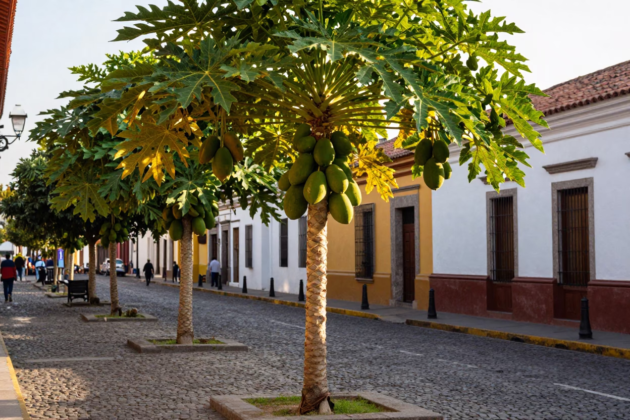 Colorful Late Afternoon Street Scene in Quito Ecuador with Papaya Tree in in Quito, Ecuador
