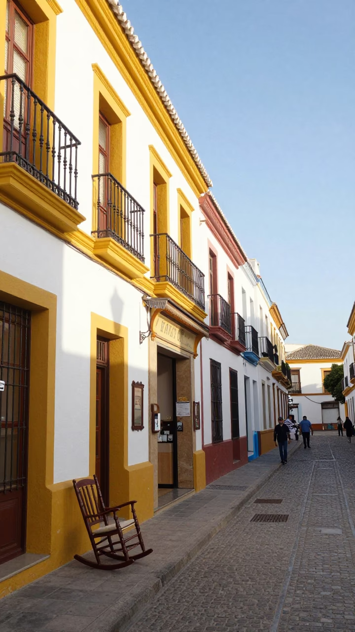 Colorful Late Afternoon Street Scene in Seville Spain with Traditional Architecture and Local Life in in Seville, Spain