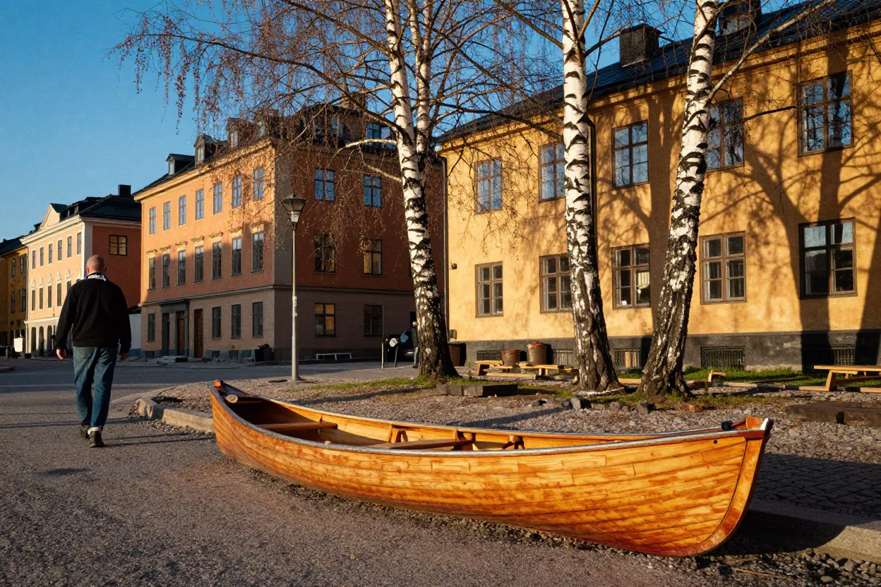 Colorful Late Afternoon Street Scene in Stockholm Sweden with Wooden Canoe and Birch Trees in in Stockholm, Sweden