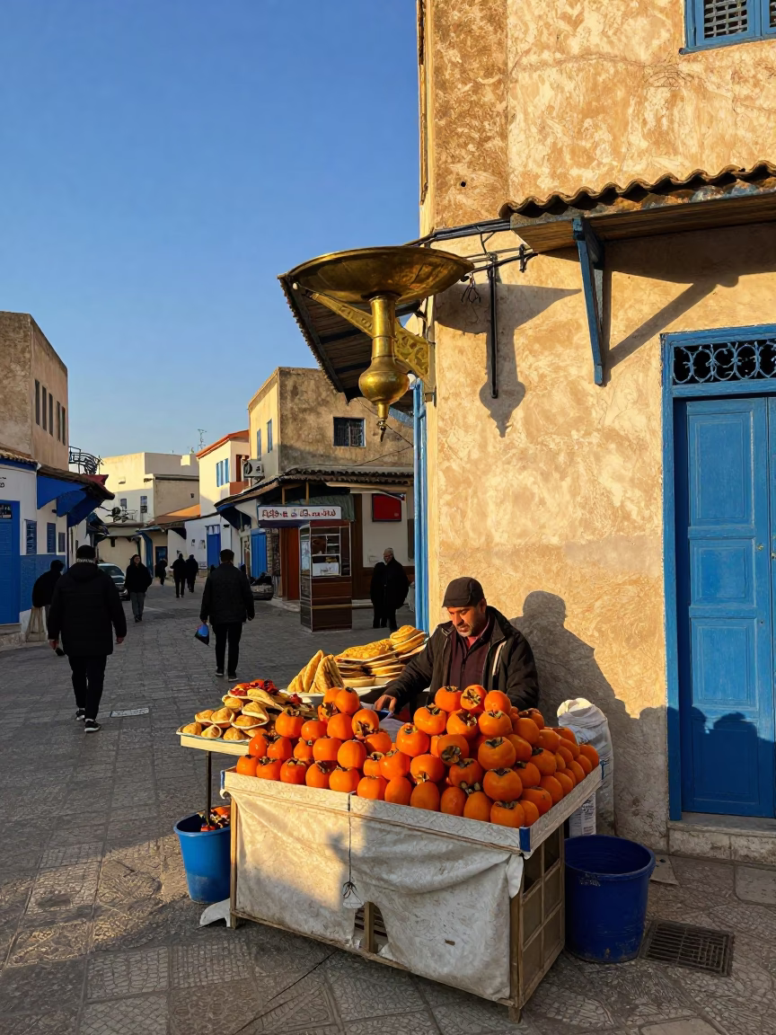Colorful Late Afternoon Street Scene in Tunis Tunisia with Traditional Brass Plate and Persimmons in in Tunis, Tunisia