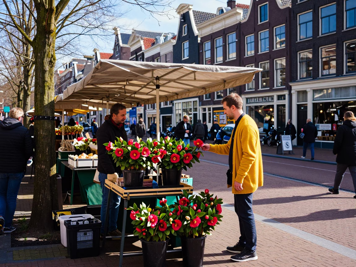 Colorful Late Morning Street Scene in Amsterdam Netherlands with Local Market Activity in in Amsterdam, Netherlands