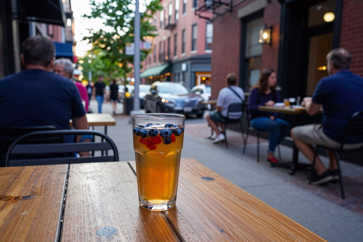 Colorful Late Morning Street Scene in Boston Massachusetts with Blueberries and Kombucha in in Boston, Massachusetts, United States