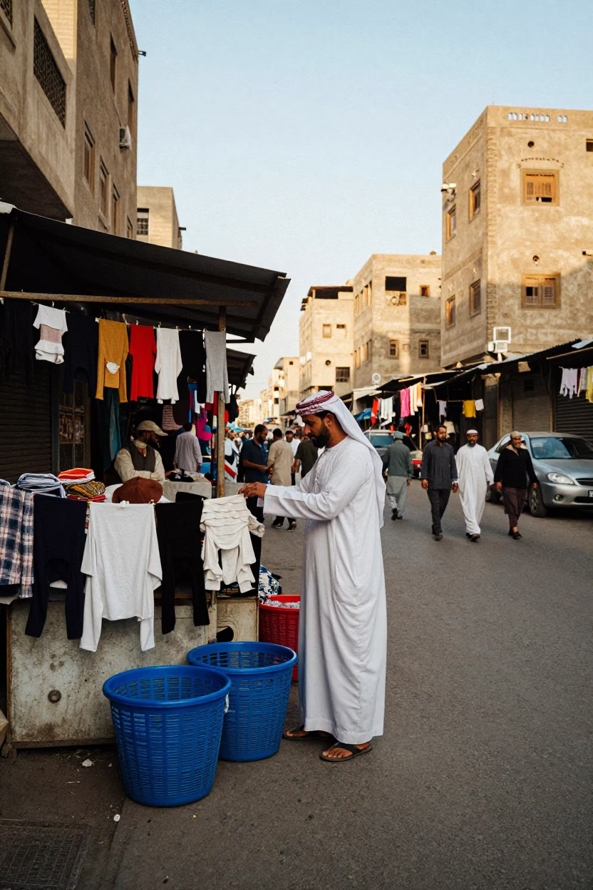 Colorful Late Morning Street Scene in Cairo Egypt with Laundry Basket and Glass Tumbler in in Cairo, Egypt