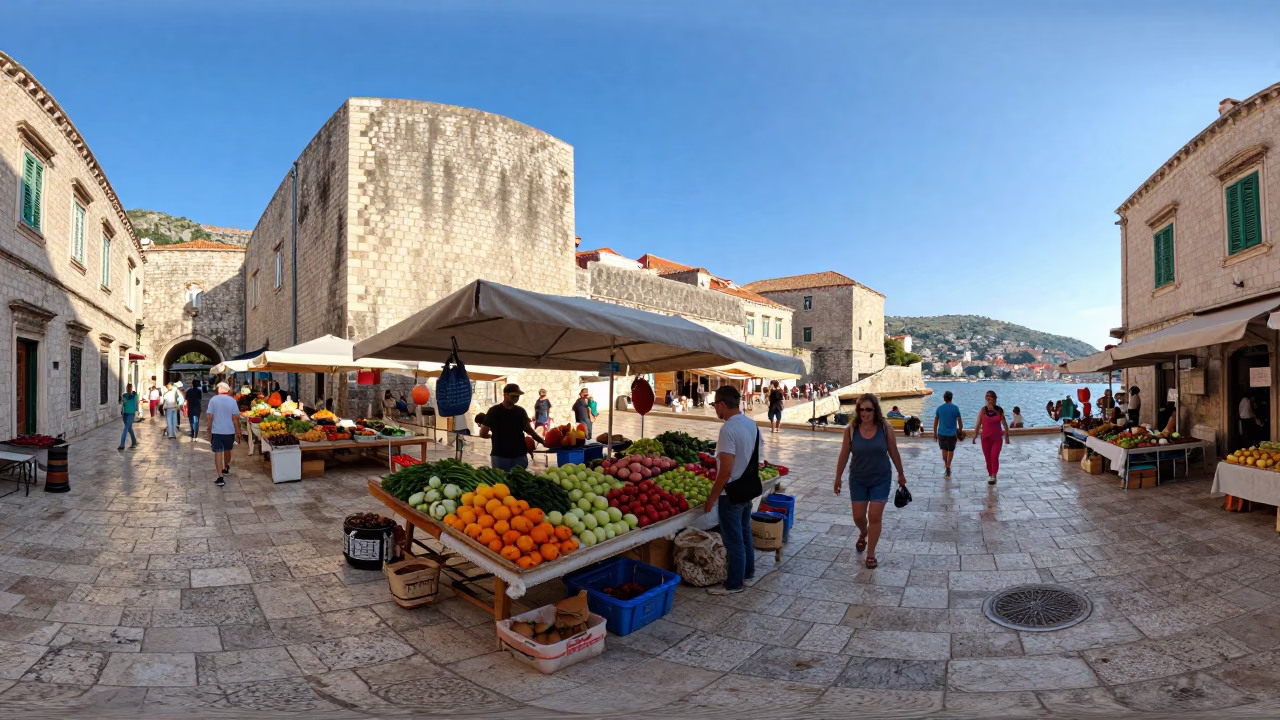 Colorful Late Morning Street Scene in Dubrovnik Croatia with Local Market Goods in in Dubrovnik, Croatia