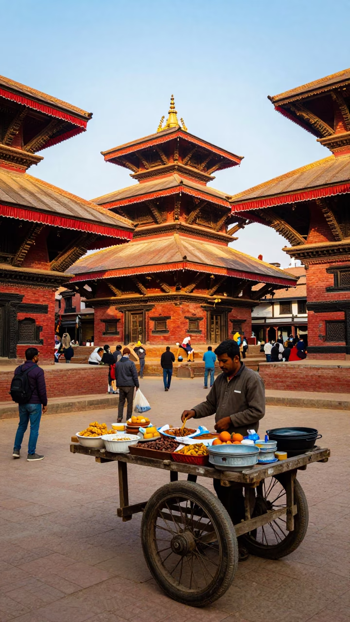 Colorful Late Morning Street Scene in Kathmandu Nepal with Traditional Food and Daily Life in in Kathmandu, Nepal