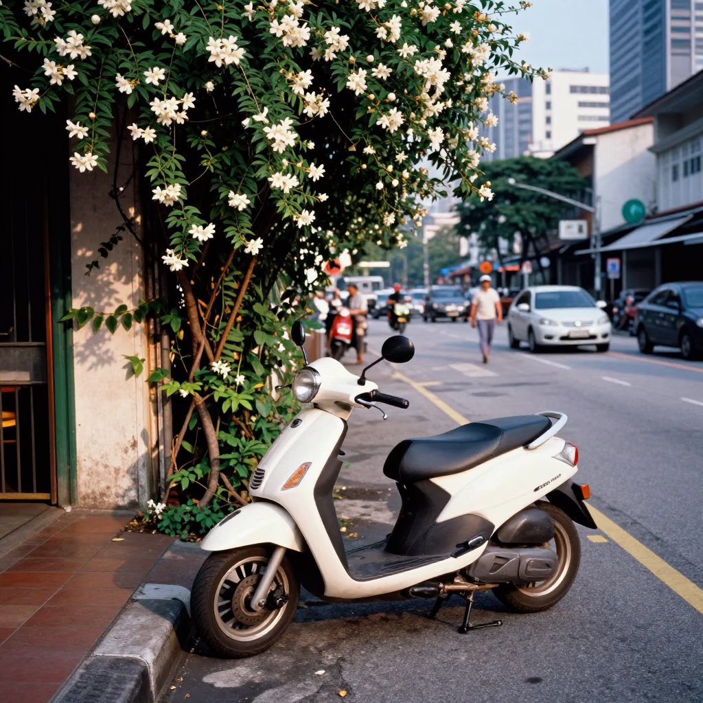Colorful Late Morning Street Scene in Kuala Lumpur Malaysia with Scooter and Glass Carafe in in Kuala Lumpur, Malaysia