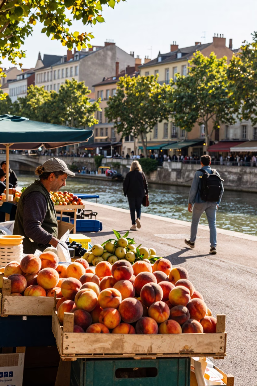 Colorful Late Morning Street Scene in Lyon France with Traditional Market Produce in in Lyon, France