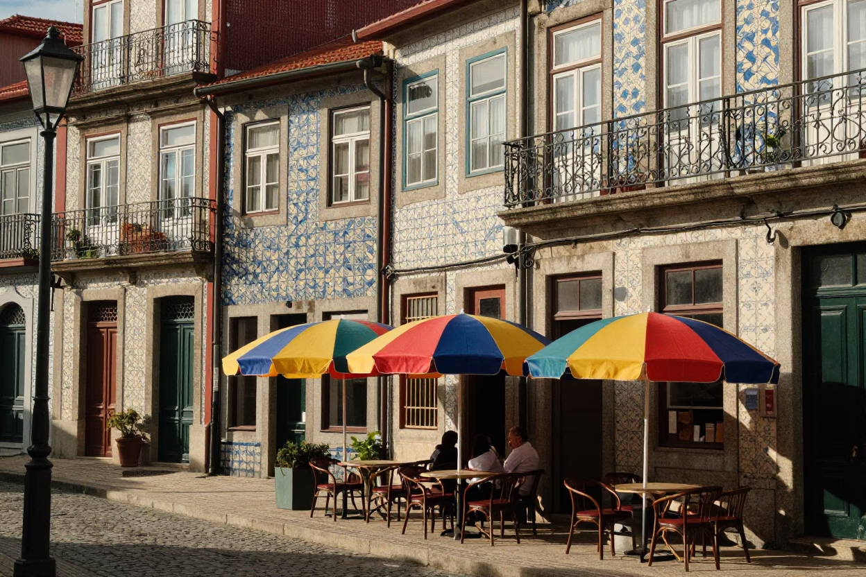 Colorful Late Morning Street Scene in Porto Portugal with Umbrellas and Local Architecture in in Porto, Portugal