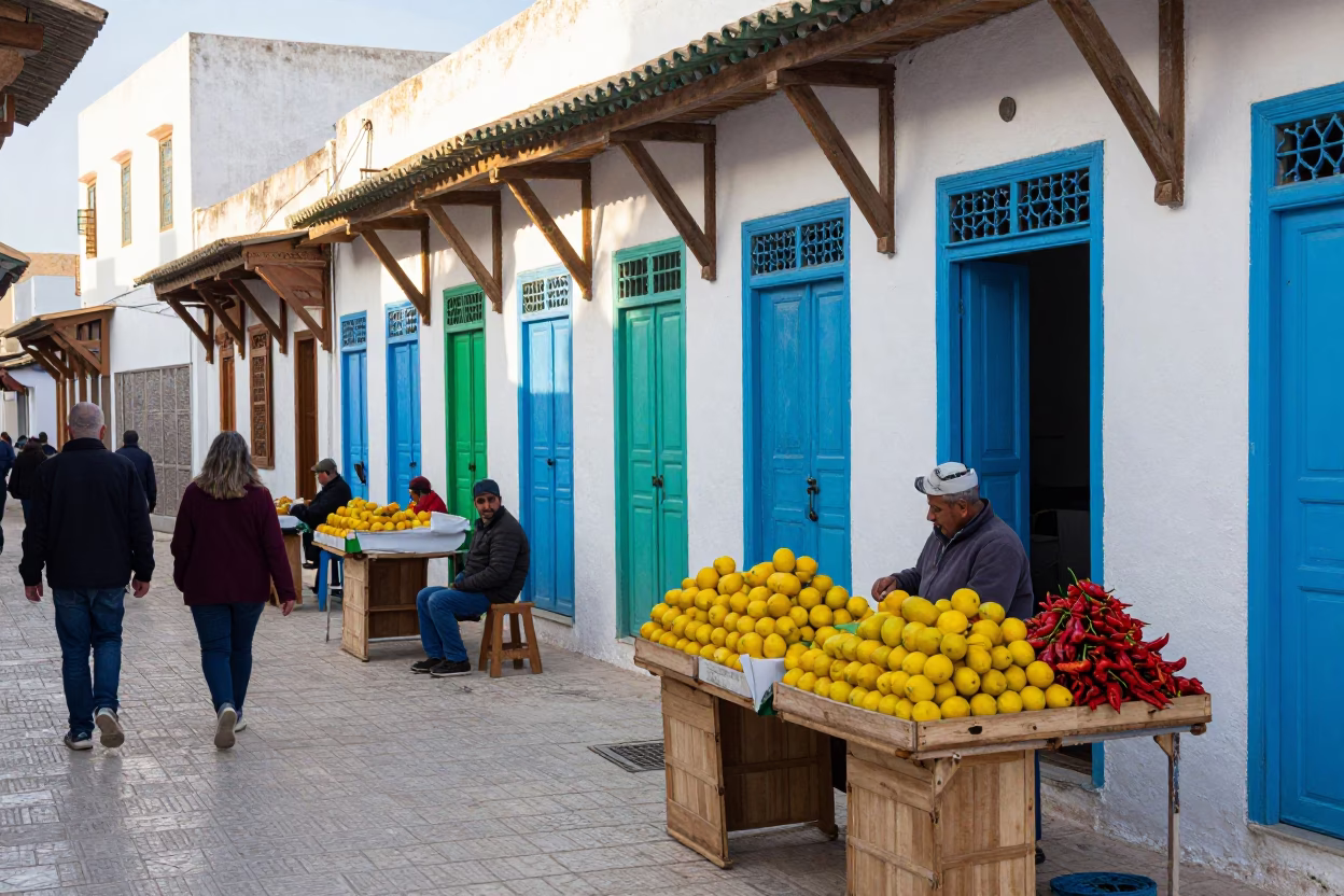 Colorful Late Morning Street Scene in Tunis Tunisia with Traditional Souk Details in in Tunis, Tunisia