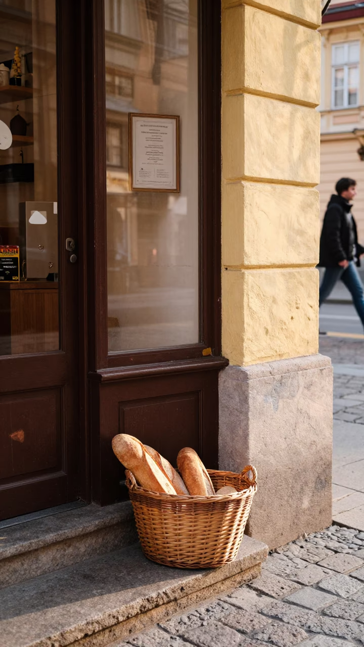 Colorful Late Morning Street Scene in Vienna Austria with Local Shop Display and Basket in in Vienna, Austria