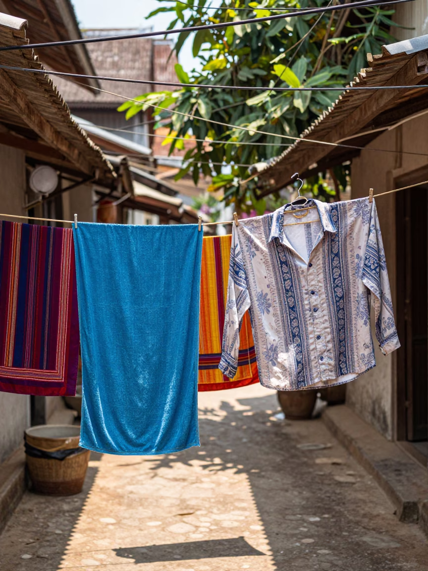 Colorful Laundry Drying in Luang Prabang Noon Light in in Luang Prabang, Laos
