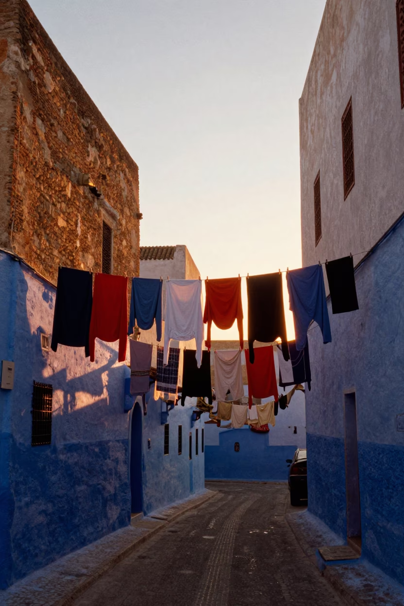 Colorful Laundry in Essaouira at Sunset Light in in Essaouira, Morocco