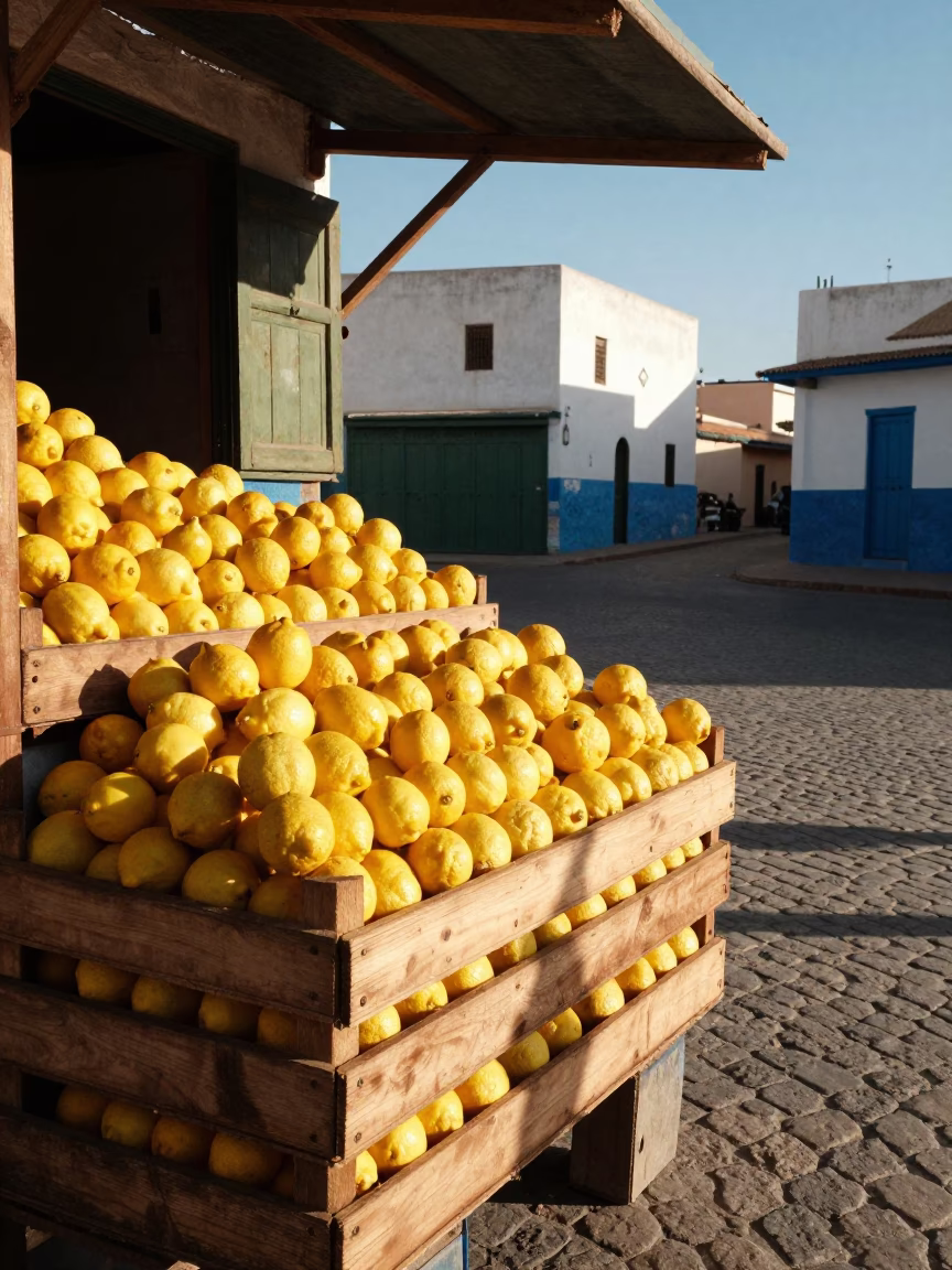 Colorful Lemon Stall in Essaouira Morocco Late Afternoon Sunlight in in Essaouira, Morocco