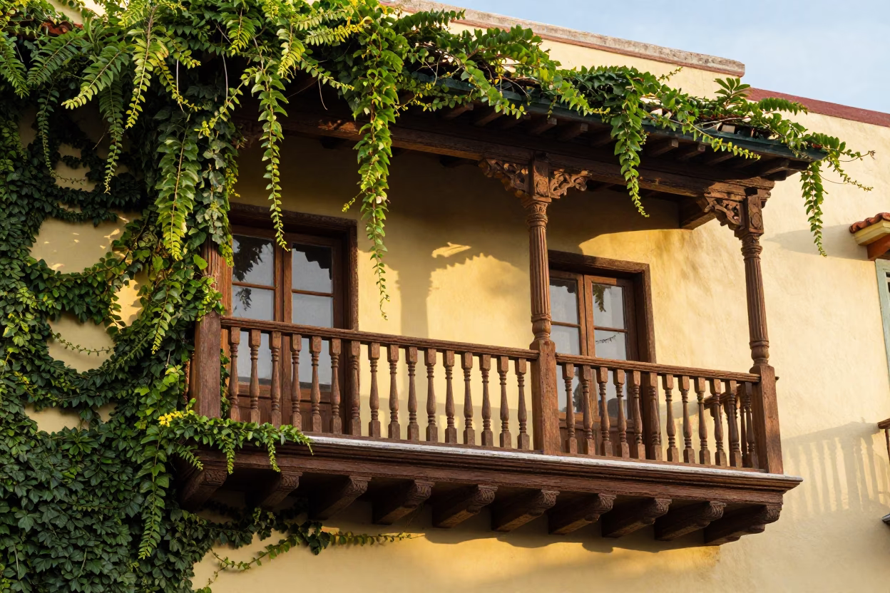 Colorful Lima Balcony Morning With Ivy Vines And Wooden Railings in in Lima, Peru