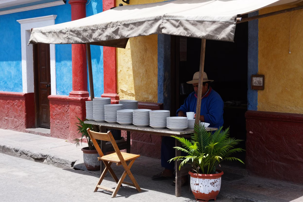 Colorful Lima Peru Midday Street Scene with Stacked Plates and Folding Chair in in Lima, Peru