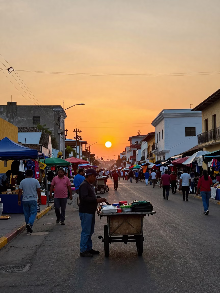 Colorful Lima Peru Street Scene at Sunset with Local Market Activity and Hanging Textiles in in Lima, Peru