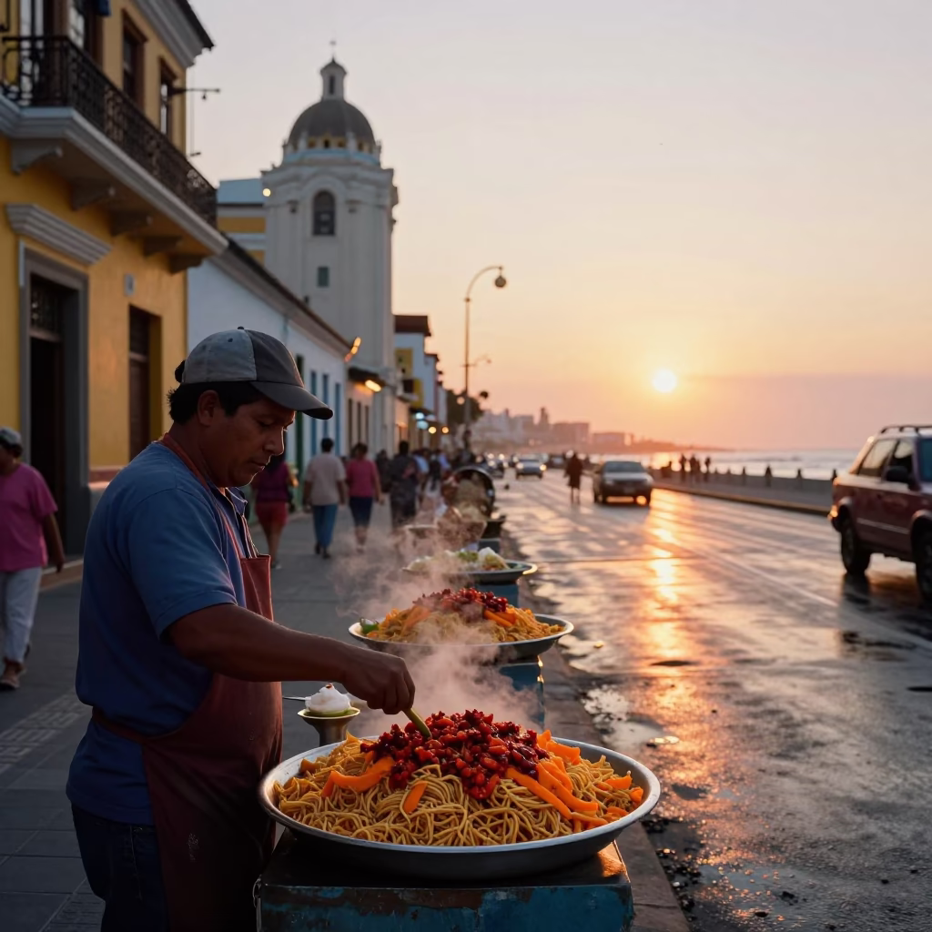 Colorful Lima Peru Street Scene at Sunset with Traditional Koshari Plate and Urban Architecture in in Lima, Peru