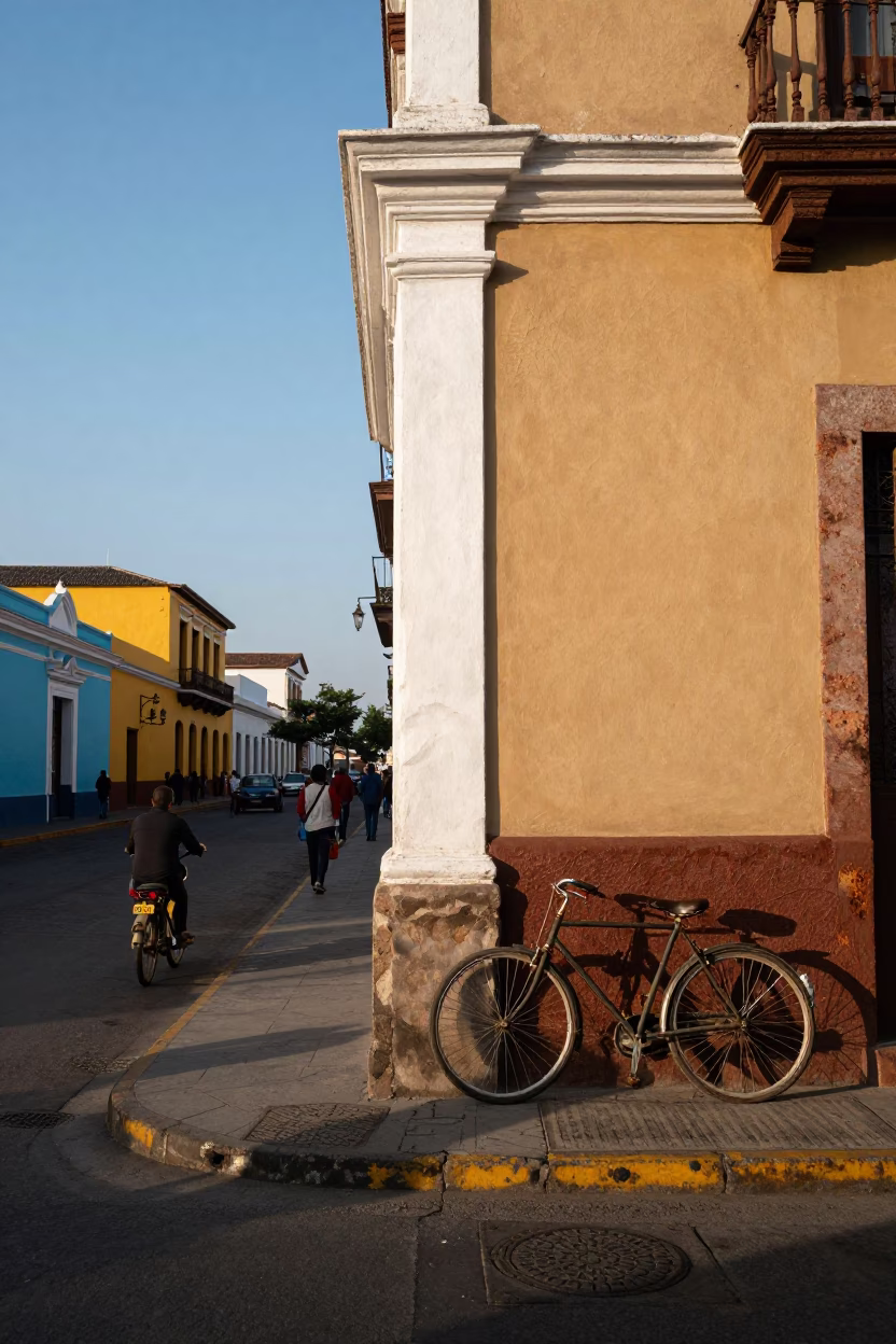 Colorful Lima Peru Street Scene Early Afternoon with Bicycle and Umbrella Stand in in Lima, Peru