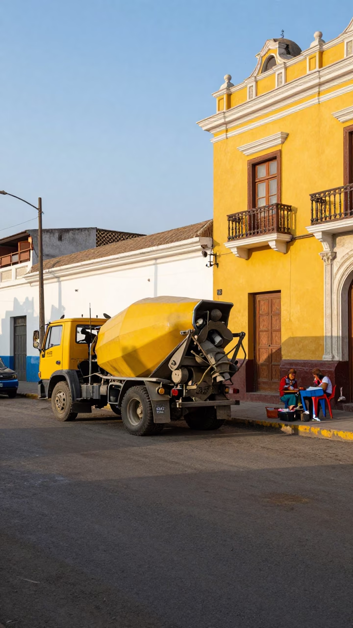 Colorful Lima Peru Street Scene Early Afternoon with Cement Mixer and Radishes in in Lima, Peru
