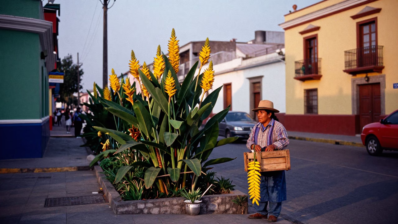 Colorful Lima Peru Street Scene Early Evening Heliconia and Local Market Activity in in Lima, Peru
