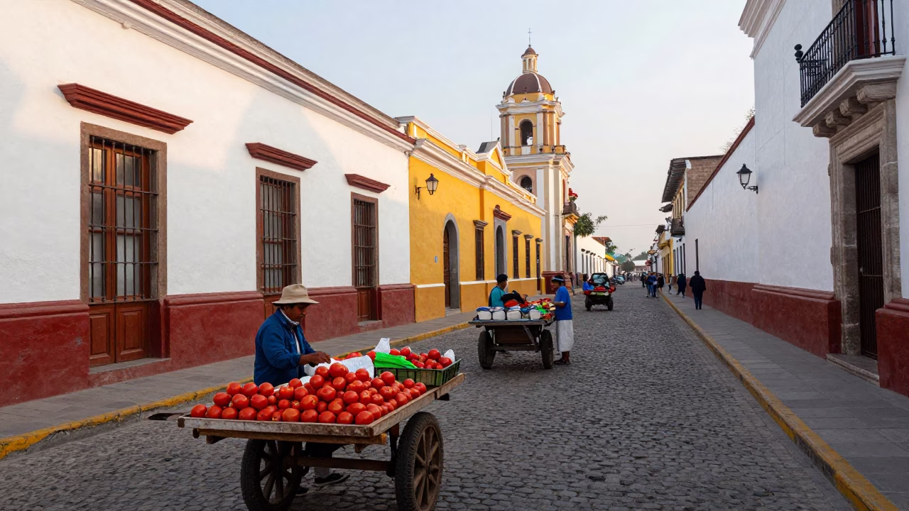 Colorful Lima Peru Street Scene Just After Sunrise with Local Market Activity in in Lima, Peru