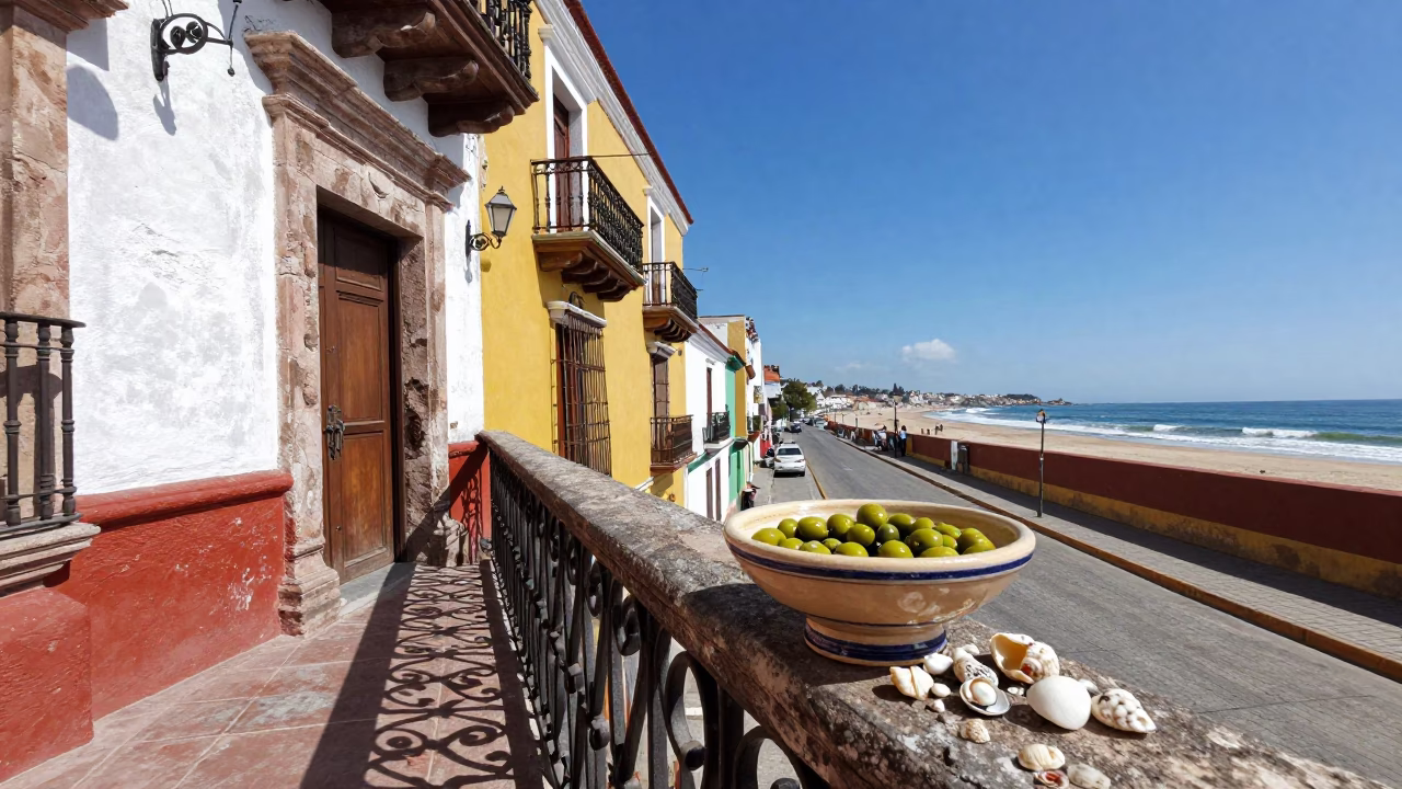Colorful Lima Peru Street Scene Midday with Olive Dish and Seashells on Balcony in in Lima, Peru