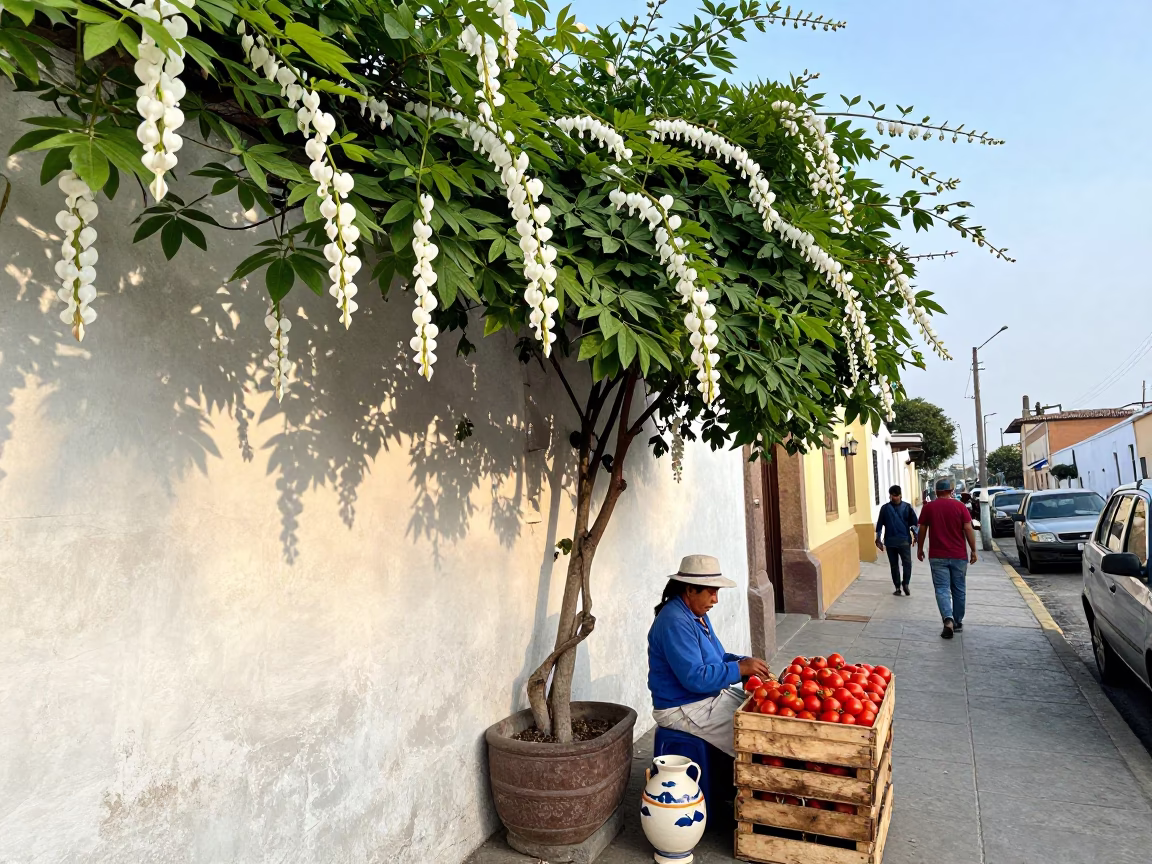 Colorful Lima Peru Street Scene with Bleeding Heart Vine and Local Life in in Lima, Peru