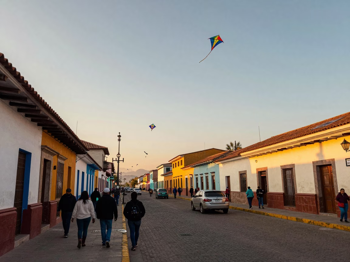Colorful Lima Peru Street Scene with Kites Flying in Honeyed Evening Light in in Lima, Peru