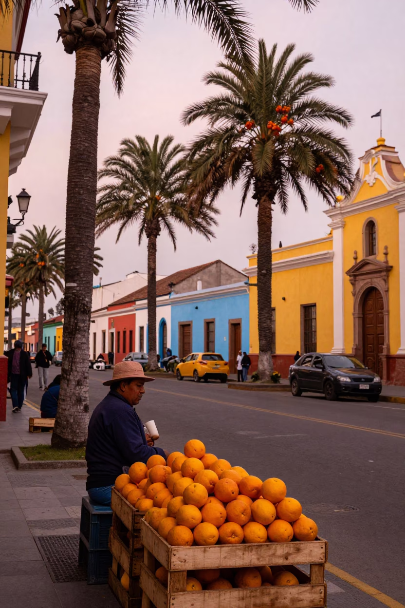 Colorful Lima Peru Street Scene with Oranges and Palm Trees in Copper Dusk Light in in Lima, Peru