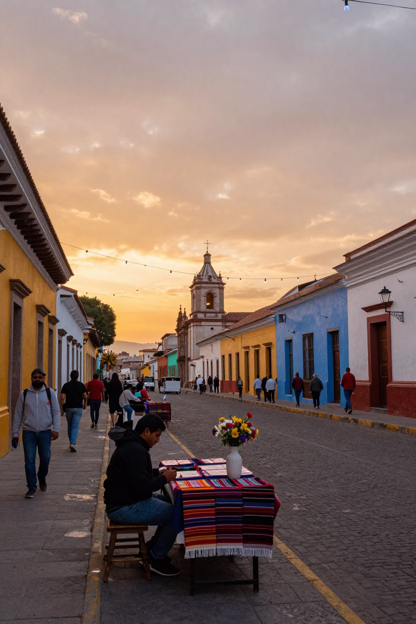 Colorful Lima Peru Sunset Street Scene with String Lights and Local Life in in Lima, Peru