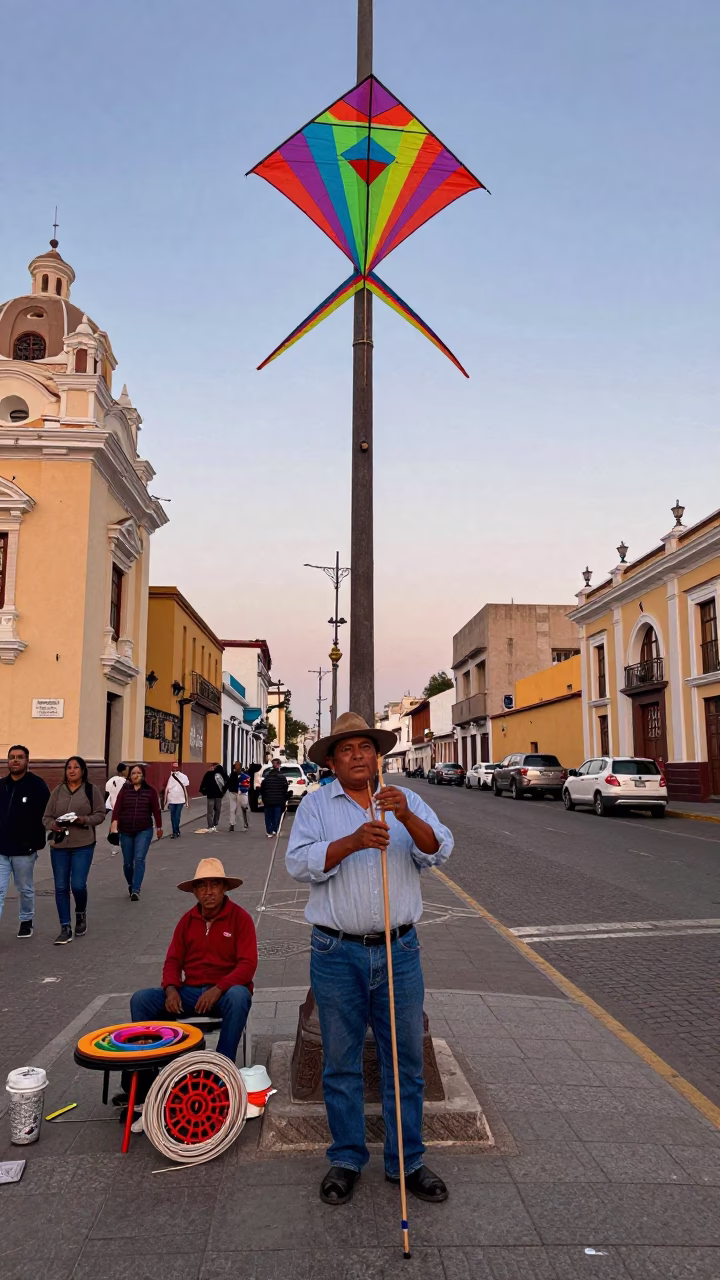 Colorful Lima Street Corner with Kite Reel and Local Interaction in in Lima, Peru