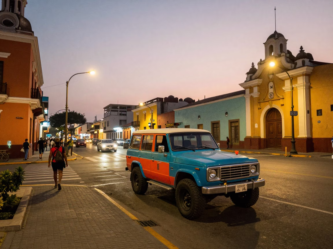 Colorful Lima Street Scene at Dusk with Vintage SUV and Mangoes in Peru in in Lima, Peru