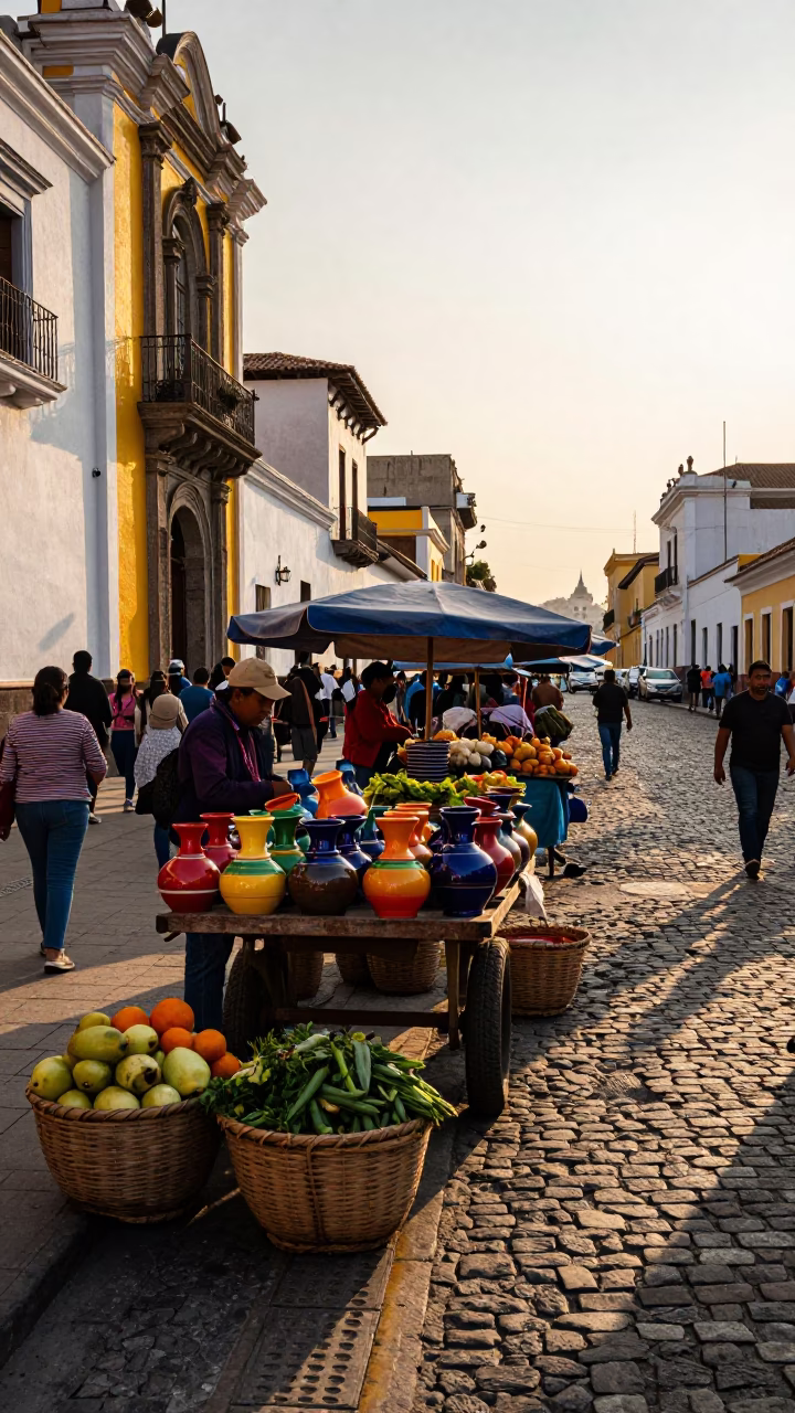 Colorful Lima Street Scene at Golden Hour with Local Market Details in in Lima, Peru