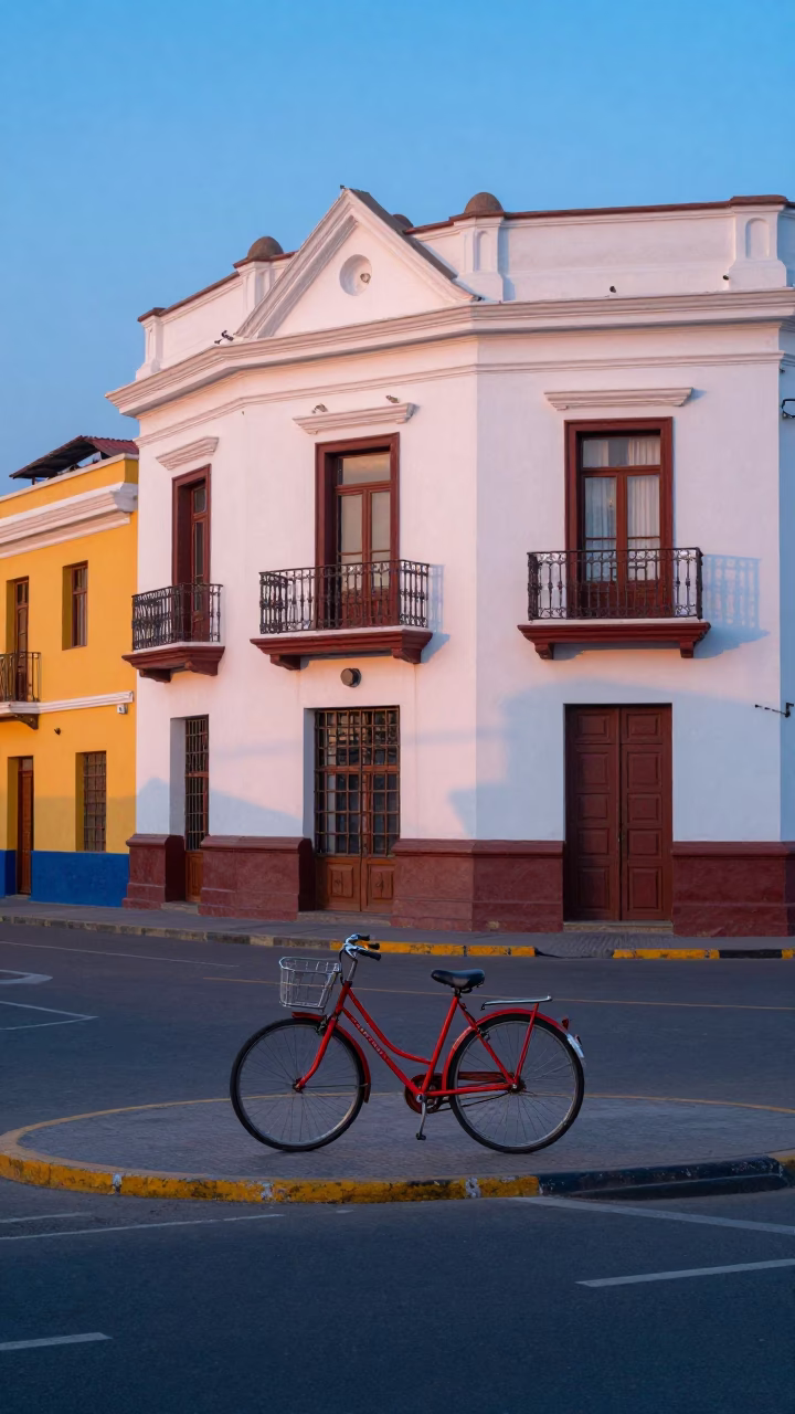 Colorful Lima Street Scene at Nautical Dawn with Bicycle and Bakery in in Lima, Peru