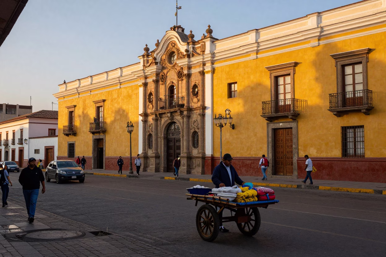 Colorful Lima Street Scene at Sunset with Local Vendor and Traditional Items in in Lima, Peru