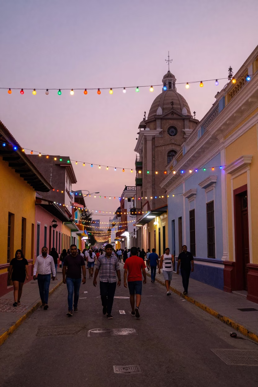 Colorful Lima Street Scene Early Evening with String Lights and Local Food in in Lima, Peru