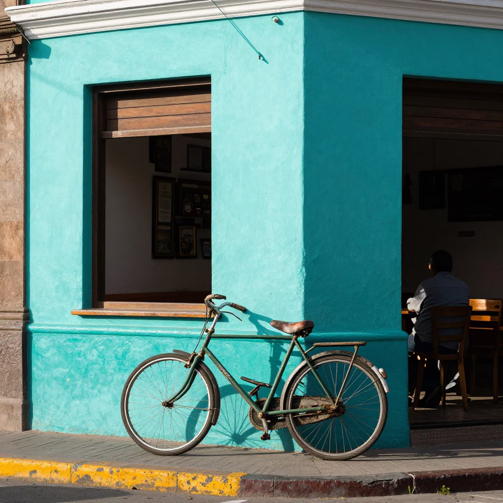 Colorful Lima Street Scene with Bicycle Leaning Against Cafe Wall in Late Morning Light in in Lima, Peru