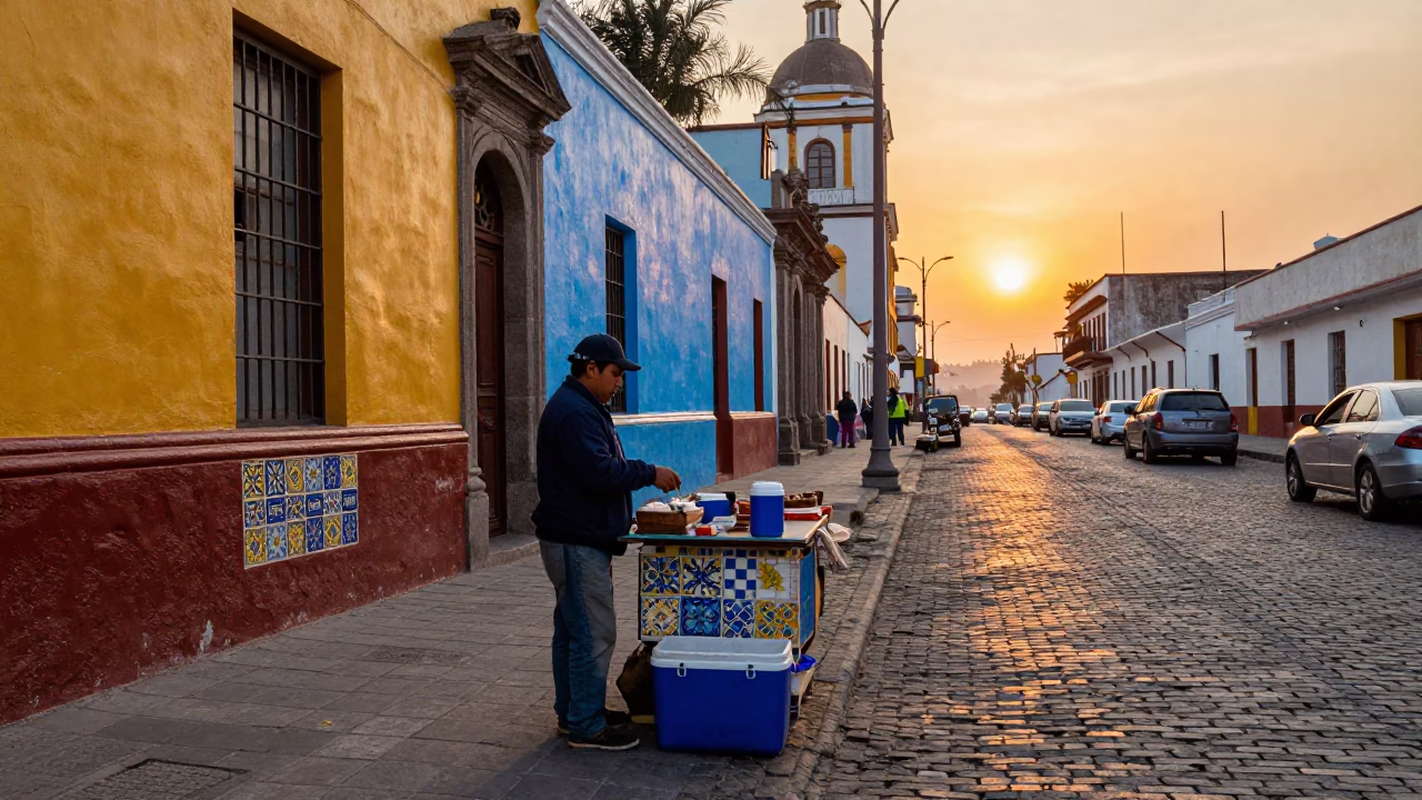 Colorful Lima Street Scene with Ceramic Tiles and Cooler Jug at Sunset in in Lima, Peru