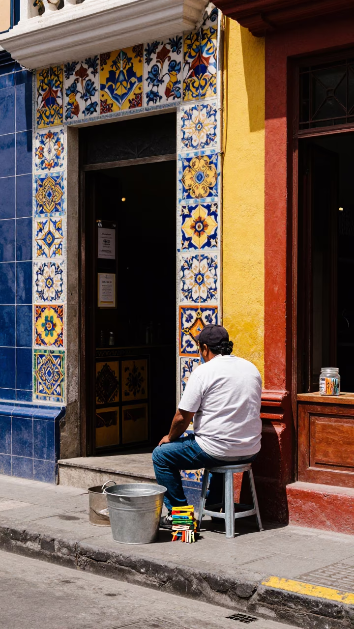 Colorful Lima Street Scene with Metal Bucket and Stools at Midday in in Lima, Peru