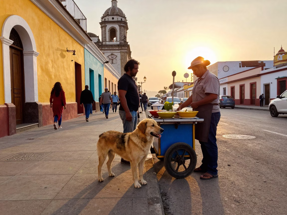 Colorful Lima Street Scene with Rafeiro do Alentejo Dog and Local Dining in in Lima, Peru