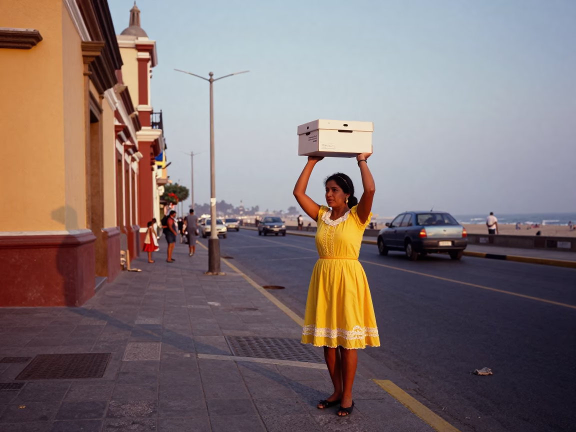 Colorful Lima Street Scene with Shoebox and Coastal Dunes at Early Evening in in Lima, Peru