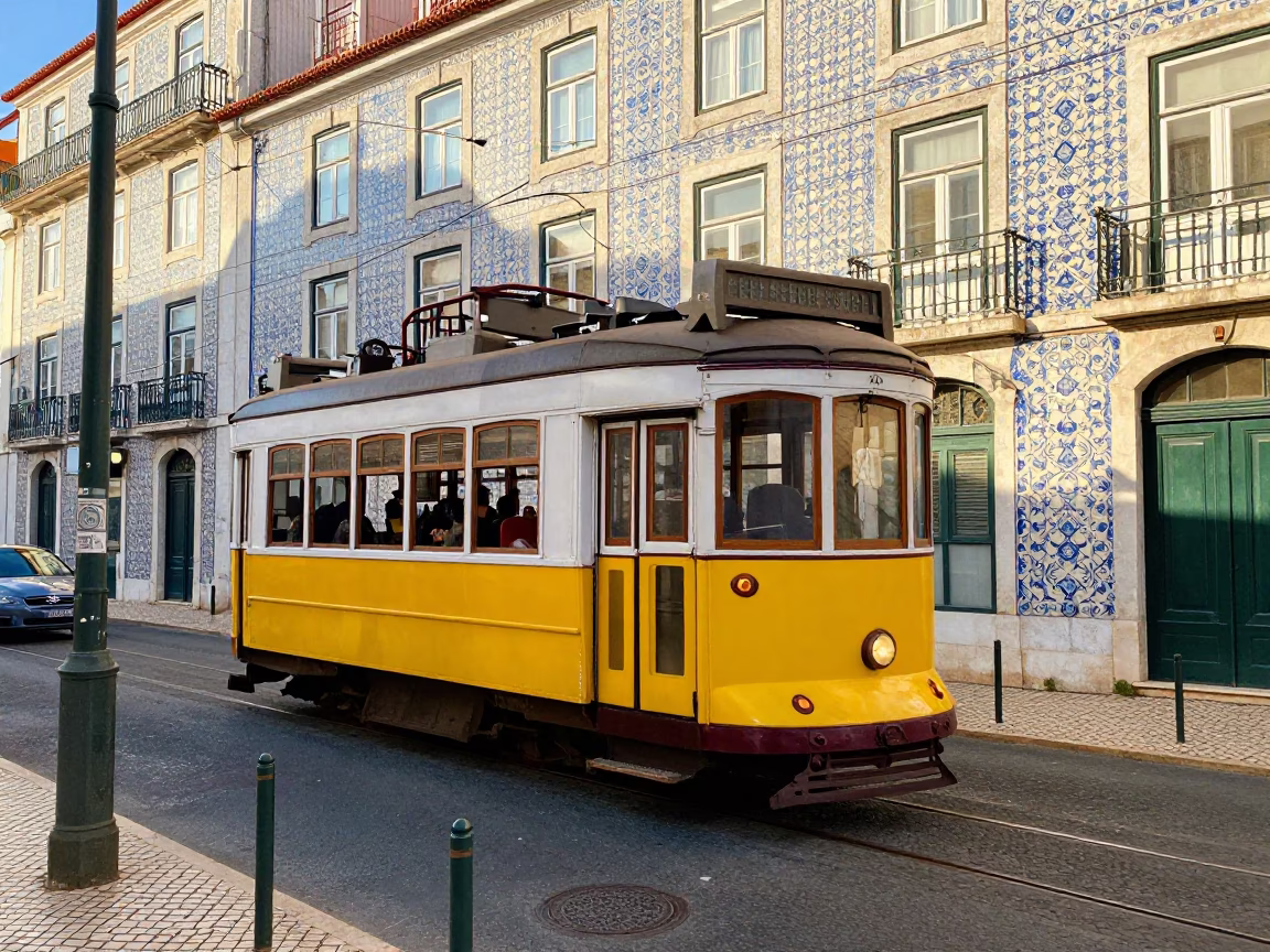 Colorful Lisbon Street Scene Late Morning with Tram and Traditional Tiles in in Lisbon, Portugal
