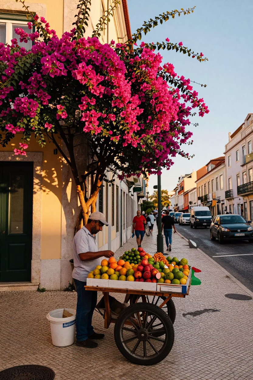 Colorful Lisbon Street Scene with Bougainvillea and Fruit Vendor at Golden Hour in in Lisbon, Portugal