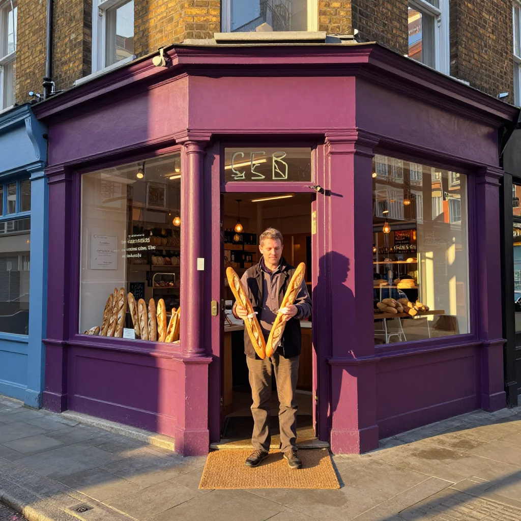 Colorful London Street Corner with Baguettes and Doormat in Honeyed Evening Light in in London, United Kingdom