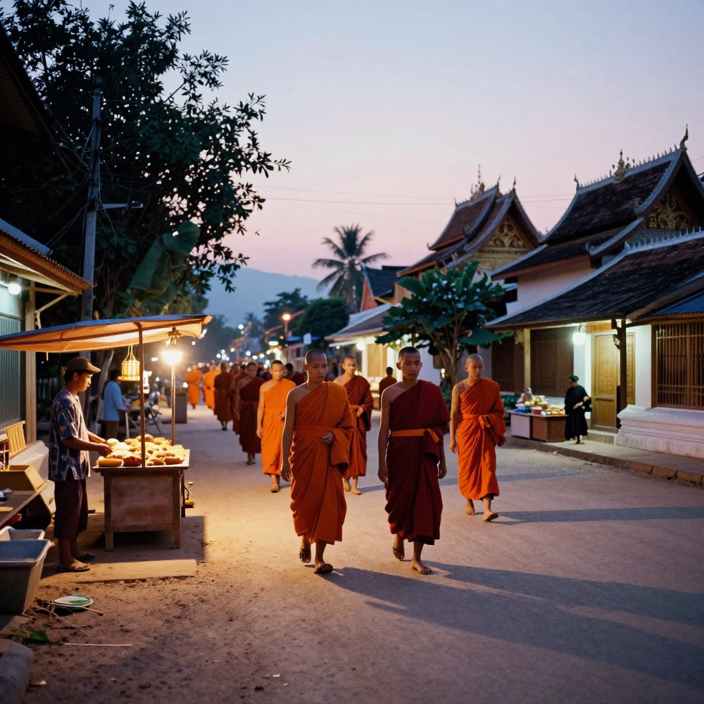 Colorful Luang Prabang Evening Street Scene with Monk Alms and Traditional Architecture in in Luang Prabang, Laos