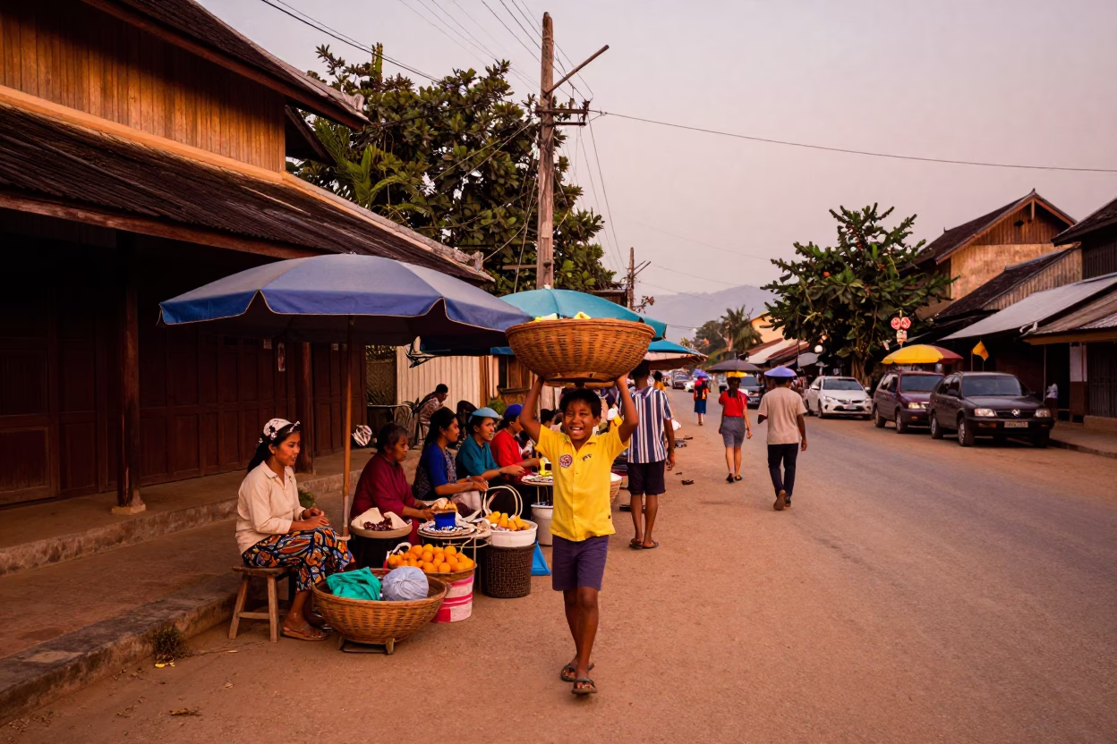 Colorful Luang Prabang Street Scene with Local Vendors in Copper Dusk Light in in Luang Prabang, Laos