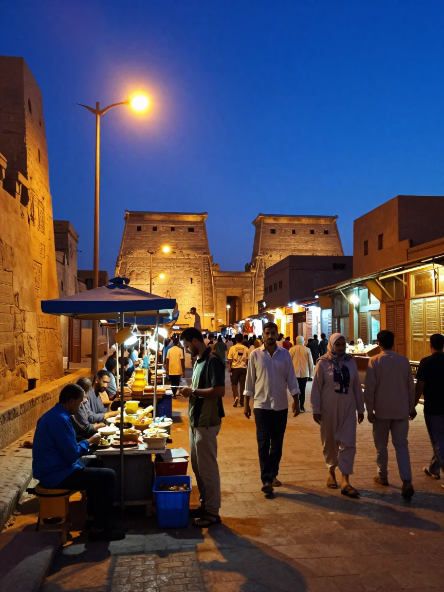 Colorful Luxor Egypt Blue Hour Street Scene with Traditional Vendor and Tourists in in Luxor, Egypt