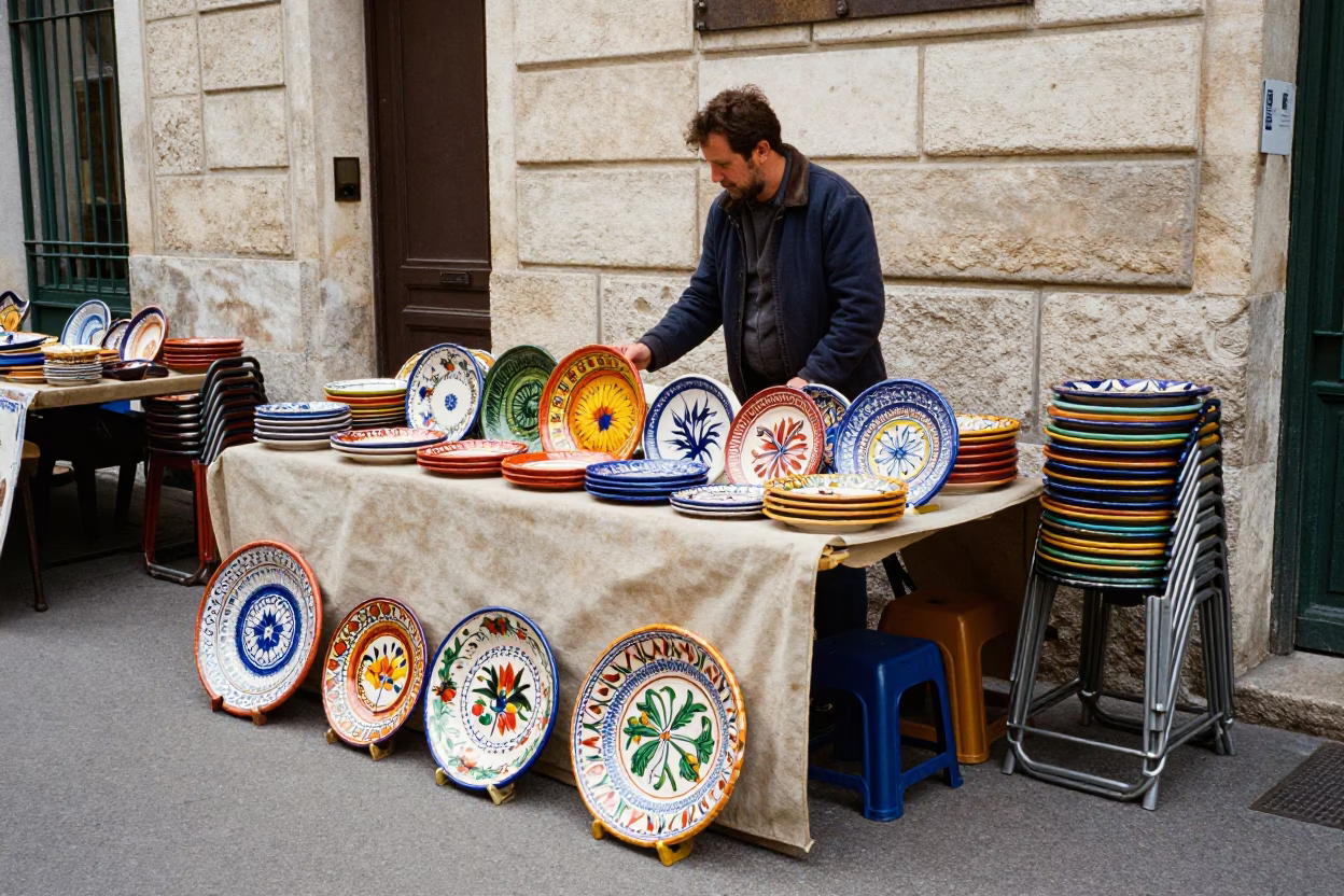 Colorful Lyon Market Stall with Majolica Plates and Folding Stools in in Lyon, France